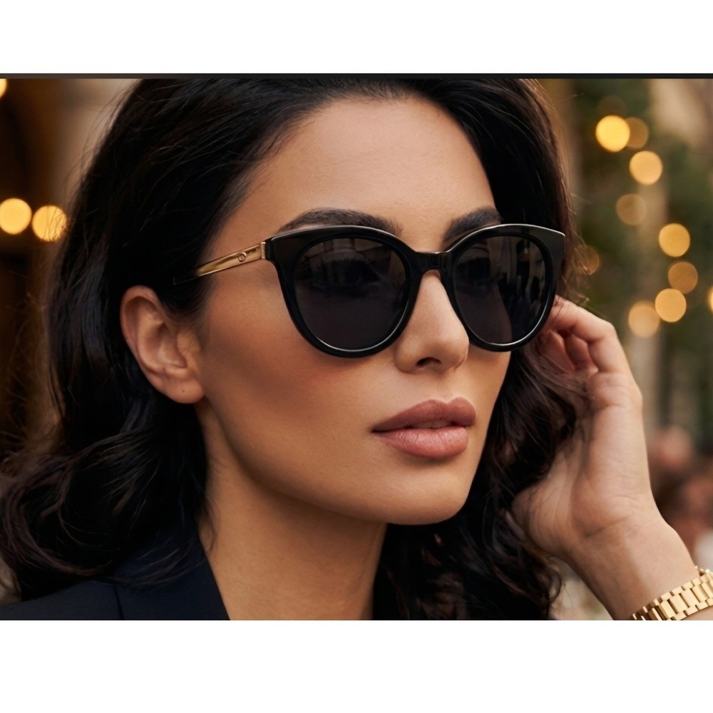 Oscar by Oscar de la Renta Womens Black Round Cat Eye Sunglasses Gold Temples